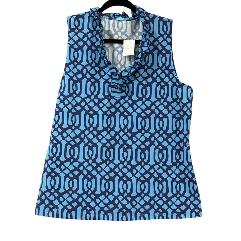 J McLaughlin Catalina Cloth Durham Top XL Blue Geometric Ruffle NWT